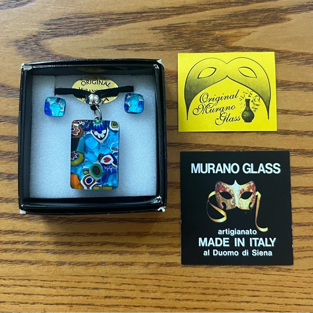 Authentic Murano Glass Necklace & Earrings Set Made in Italy, Velvet Cord